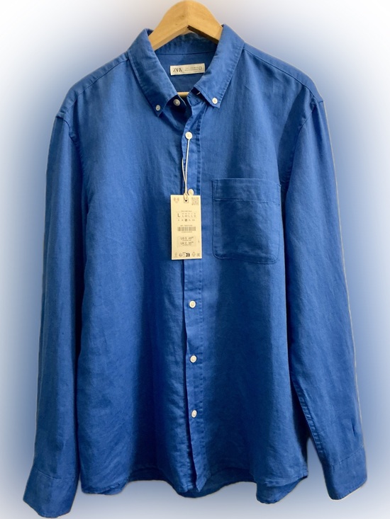 Zara Other - NWT Zara Men’s Linen Blend Button Front Shirt Blue Long Sleeve Size Large